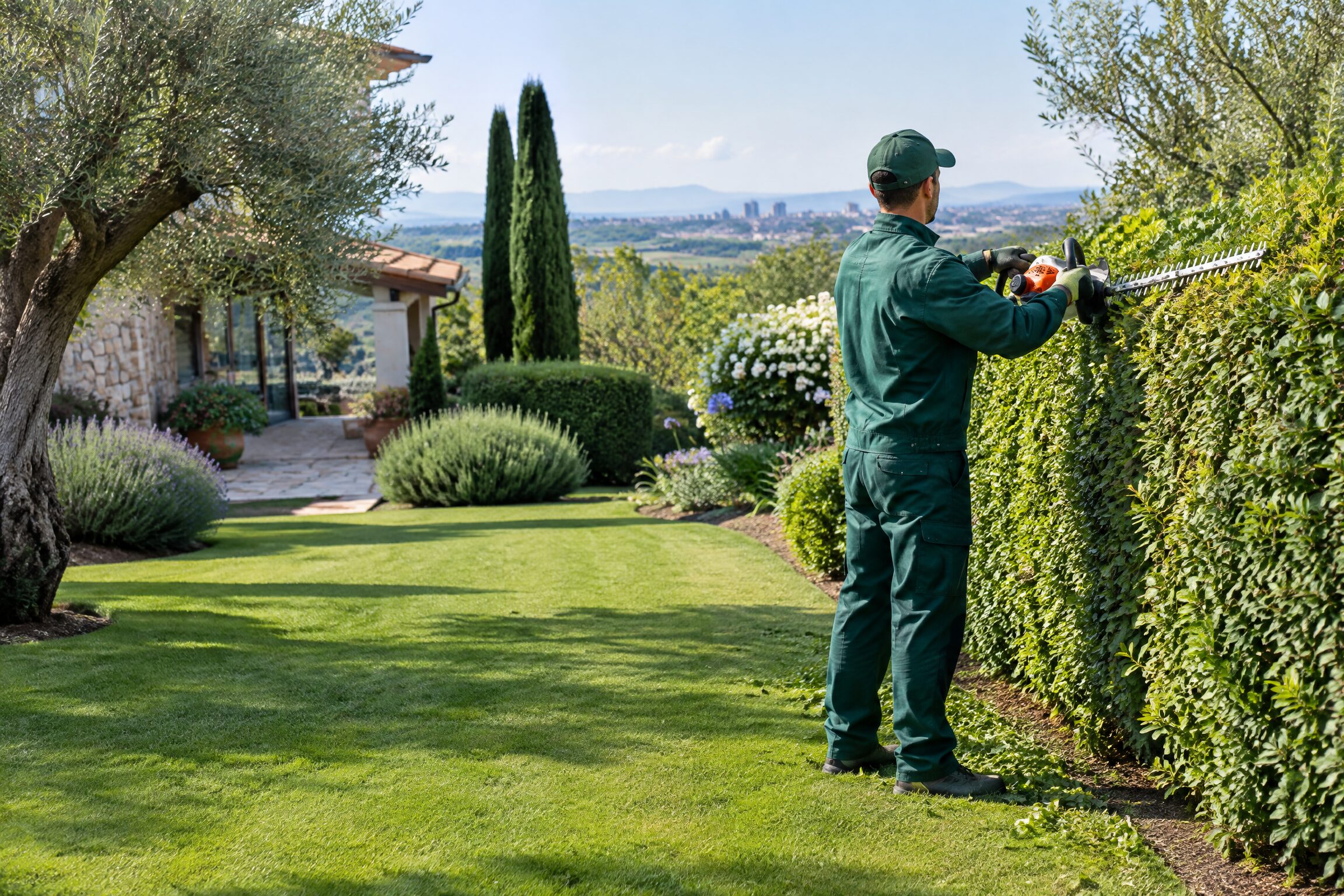 Profesional realizando el mantenimiento de un jardín en Madrid